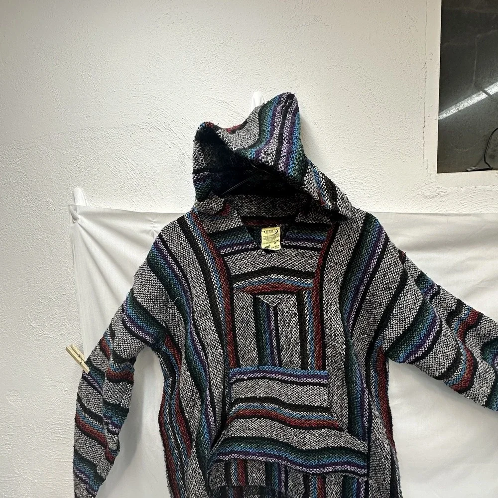Vintage Franks Textiles Multicolor Striped Baja Hoodie Hippie Poncho Med Sweater - Picture 4 of 11